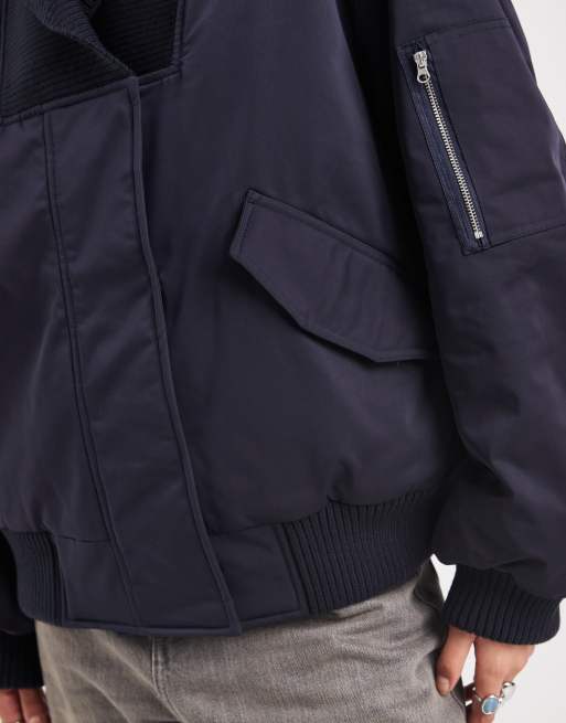 ASOS DESIGN knit collar bomber jacket in navy, 3 of 4