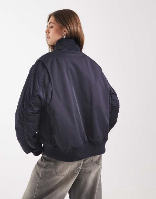 ASOS DESIGN knit collar bomber jacket in navy, 4 of 4