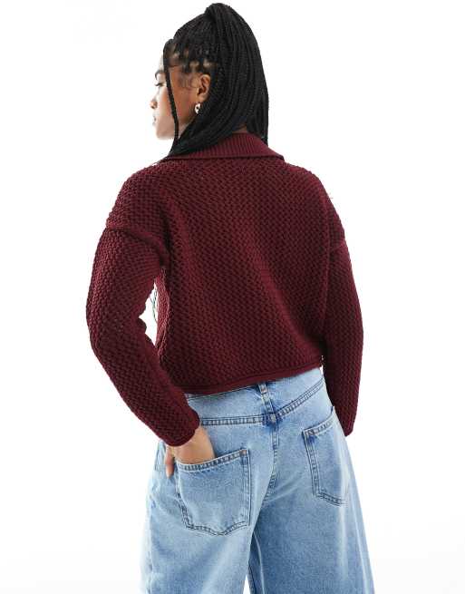 ASOS DESIGN knit collar cardigan in chunky stitch in burgundy, 3 of 4