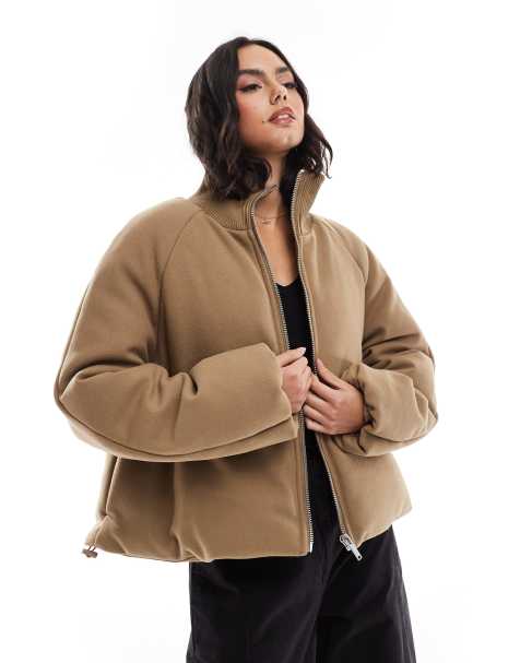 ASOS DESIGN knit collar clean puffer jacket in mushroom - view 1