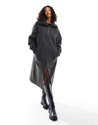 knit collar longline coat in charcoal-Gray