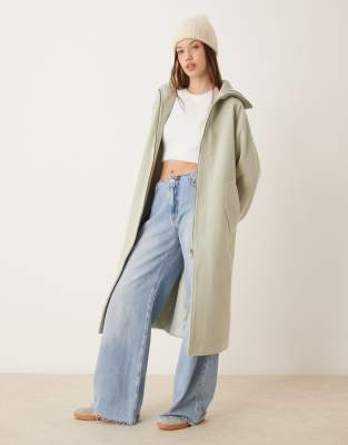 knit collar longline coat in sage-Green