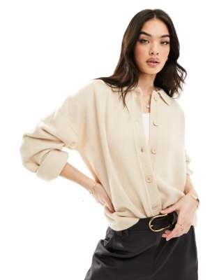 Asos Design Knit Collar Shirt Cardigan In Oatmeal-neutral