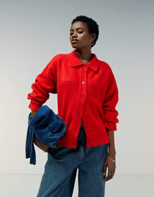 Asos Design Knit Collar Shirt Cardigan In Red