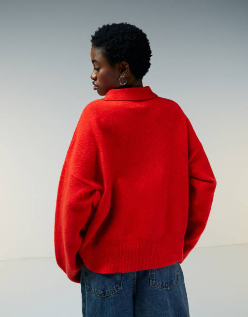 ASOS DESIGN knit collar shirt cardigan in red, 3 of 4