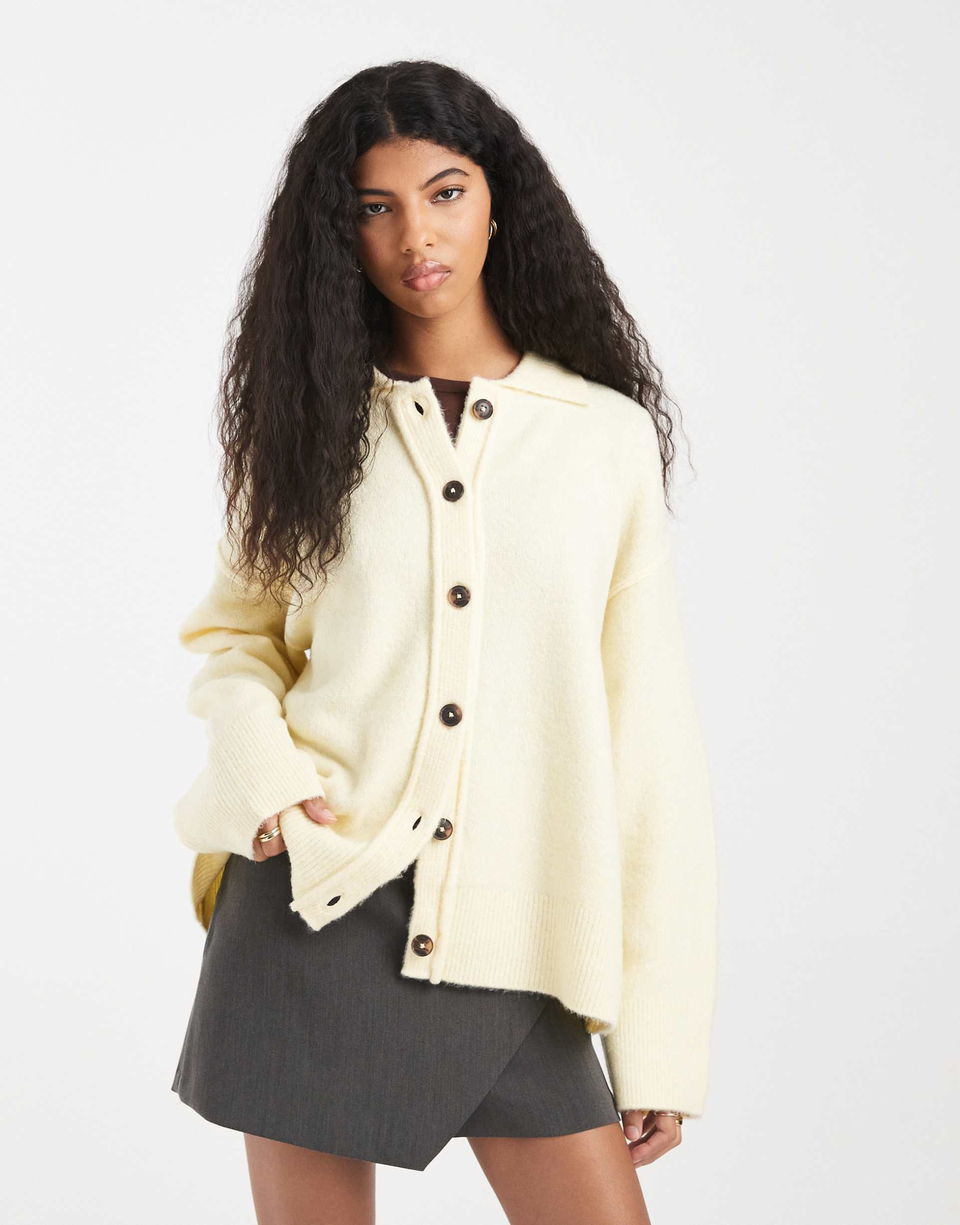 asos design knit collar shirt cardigan with seam detail in buttermilk