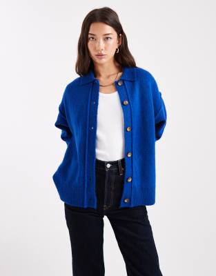 Asos Design Knit Collar Shirt Cardigan With Seam Detail In Blue