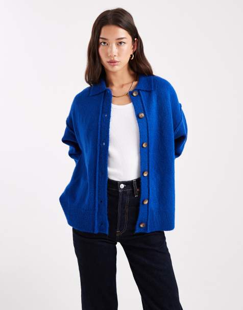 ASOS DESIGN knit collar shirt cardigan with seam detail in cobalt - view 1