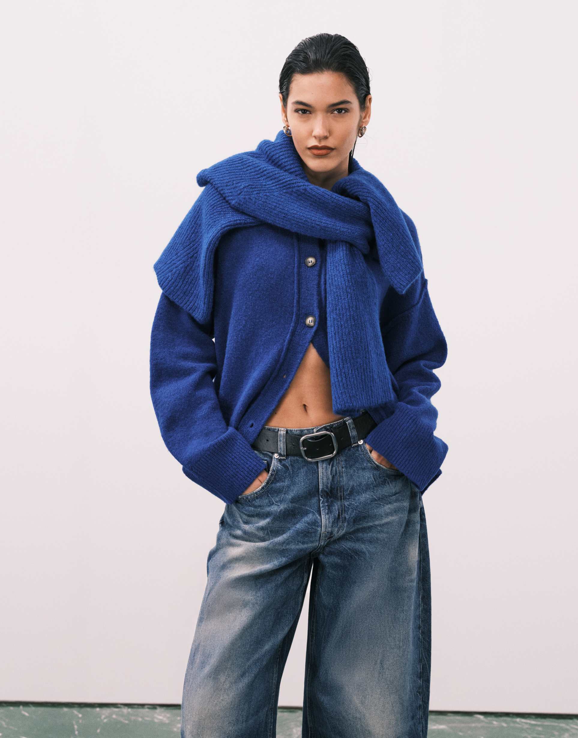 asos design knit collar shirt cardigan with seam detail in cobalt