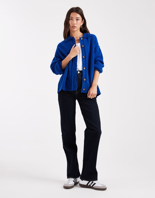 ASOS DESIGN knit collar shirt cardigan with seam detail in cobalt