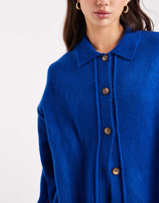 ASOS DESIGN knit collar shirt cardigan with seam detail in cobalt