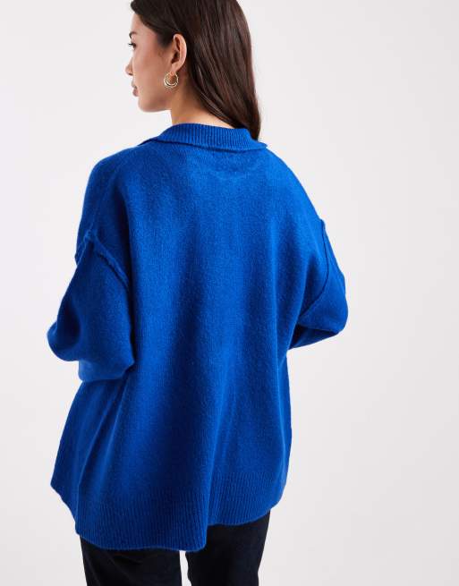 ASOS DESIGN knit collar shirt cardigan with seam detail in cobalt