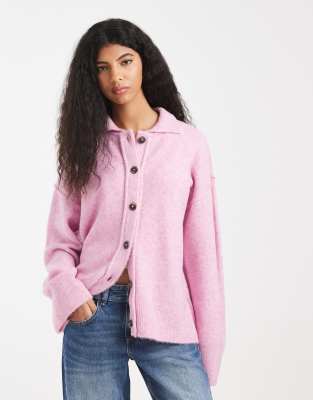 Asos Design Knit Collar Shirt Cardigan With Seam Detail In Pink