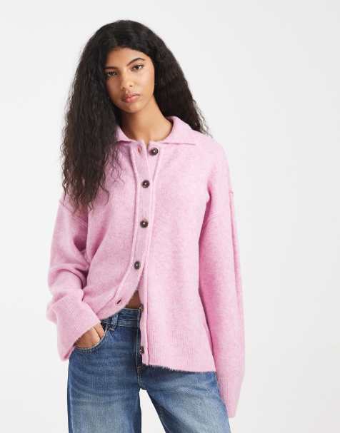 ASOS DESIGN knit collar shirt cardigan with seam detail in pink - view 1