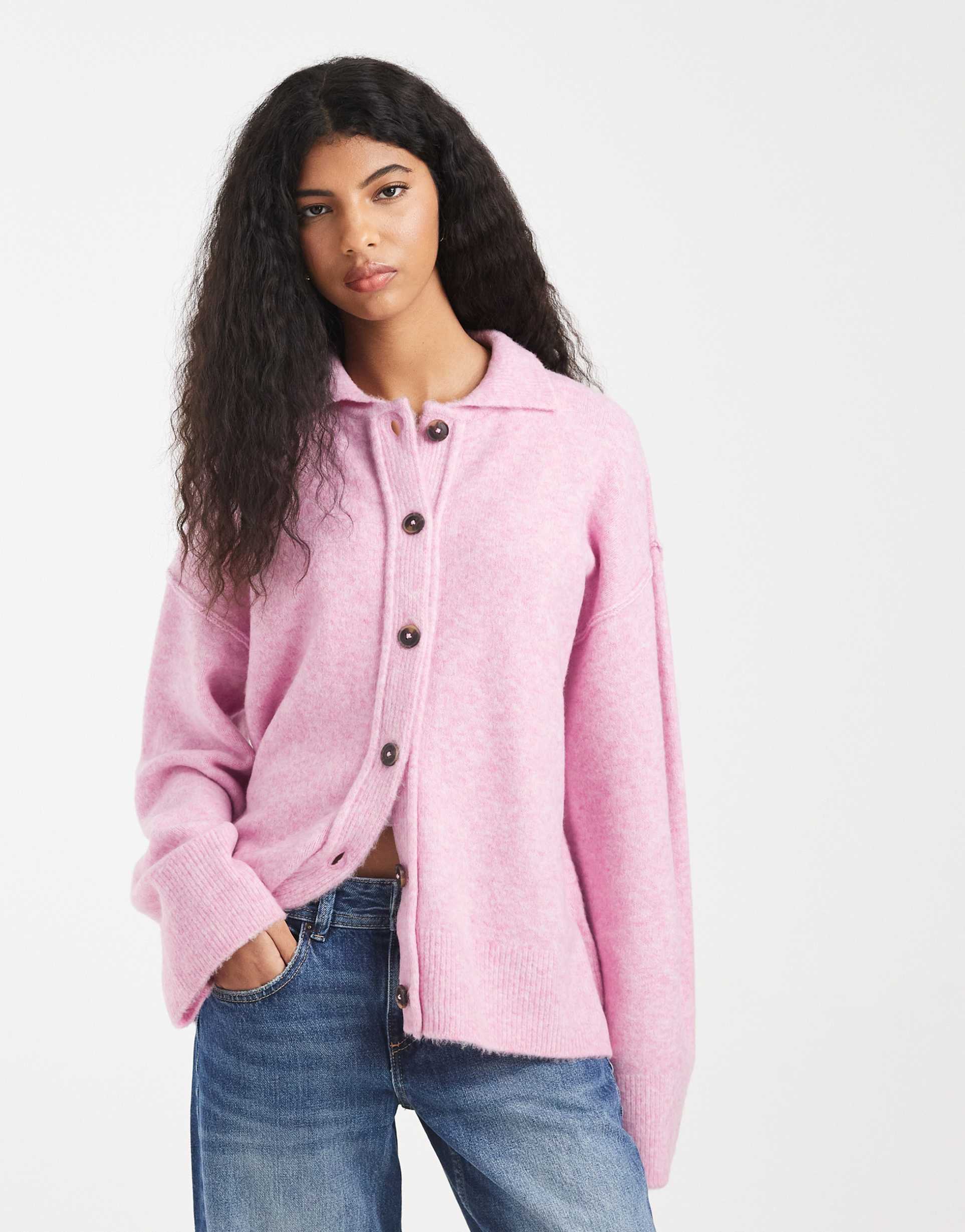 asos design knit collar shirt cardigan with seam detail in pink