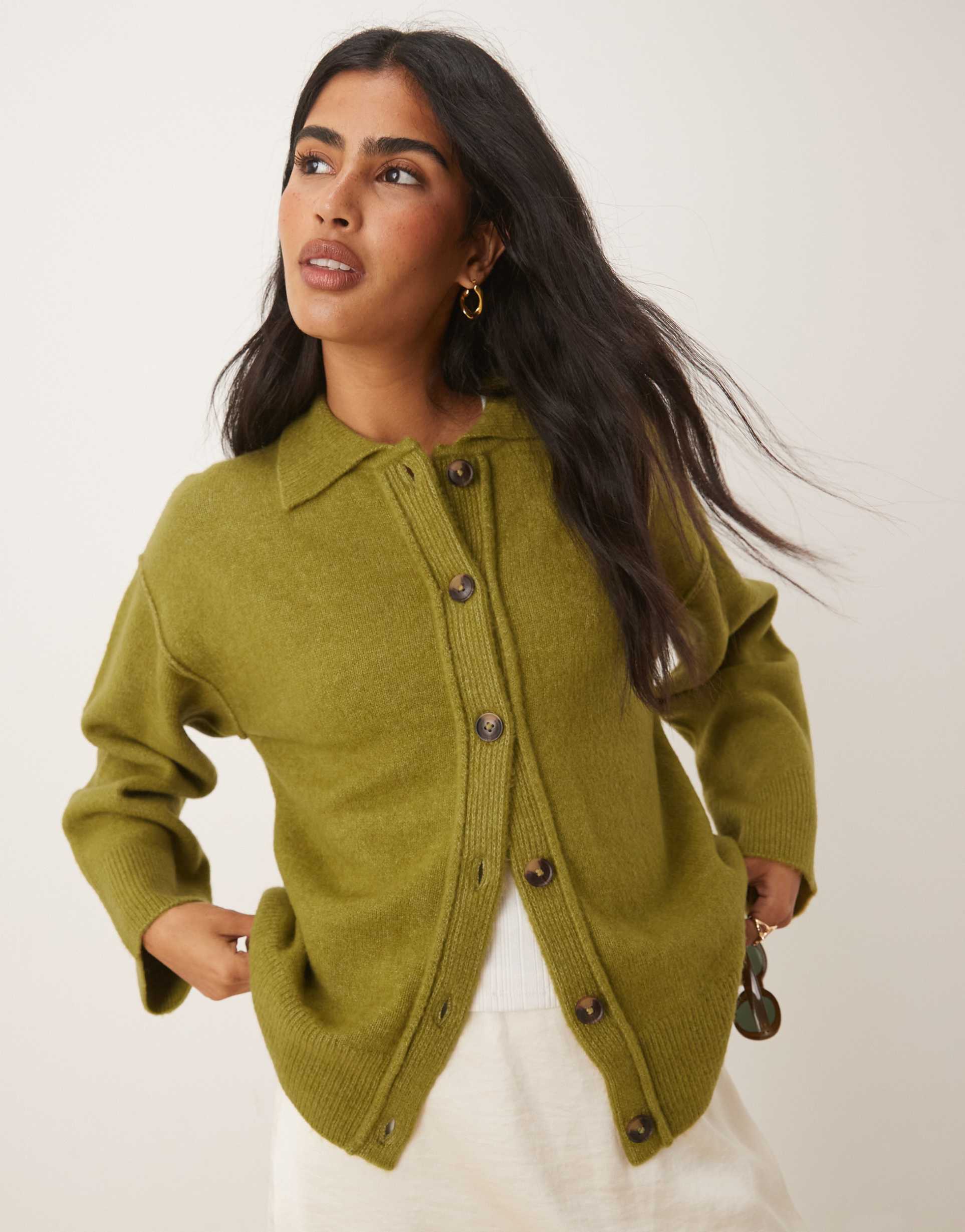 asos design knit collar shirt cardigan with seam detailing in olive