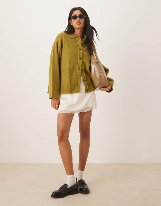 ASOS DESIGN knit collar shirt cardigan with seam detailing in olive
