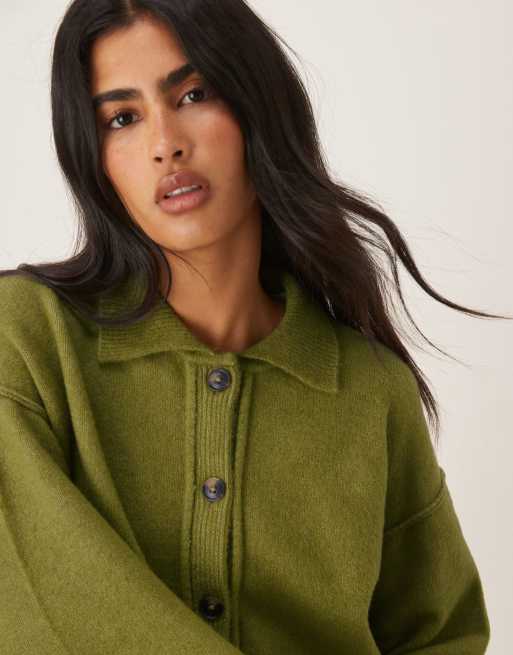ASOS DESIGN knit collar shirt cardigan with seam detailing in olive, 3 of 4