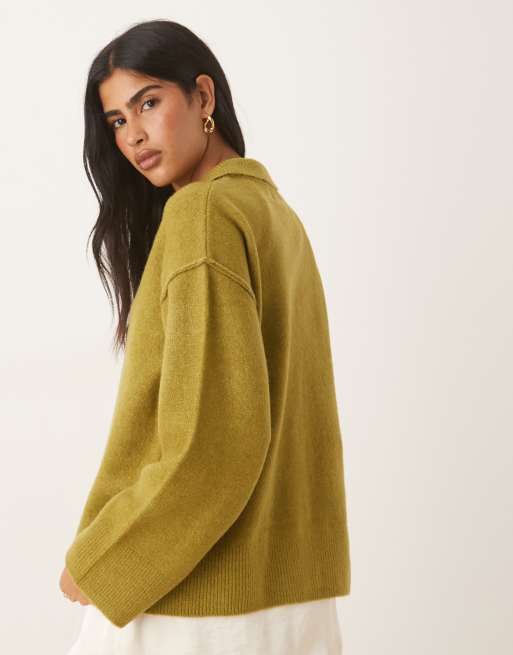 ASOS DESIGN knit collar shirt cardigan with seam detailing in olive