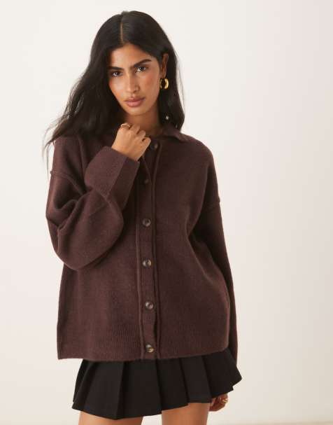 ASOS DESIGN knit collar shirt cardigan with seam detailing in plum - view 1