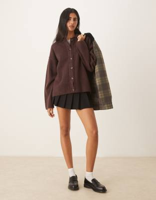 Asos Design Knit Collar Shirt Cardigan With Seam Detailing In Brown