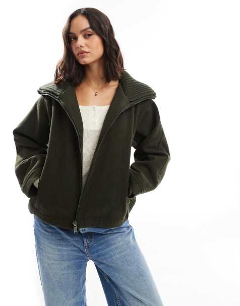 ASOS DESIGN knit collar short coat in khaki - view 1