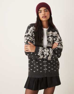 Asos Design Knit Collar Zip Up Holiday Cardigan With Fairisle Pattern In Charcoal And Cream-multi