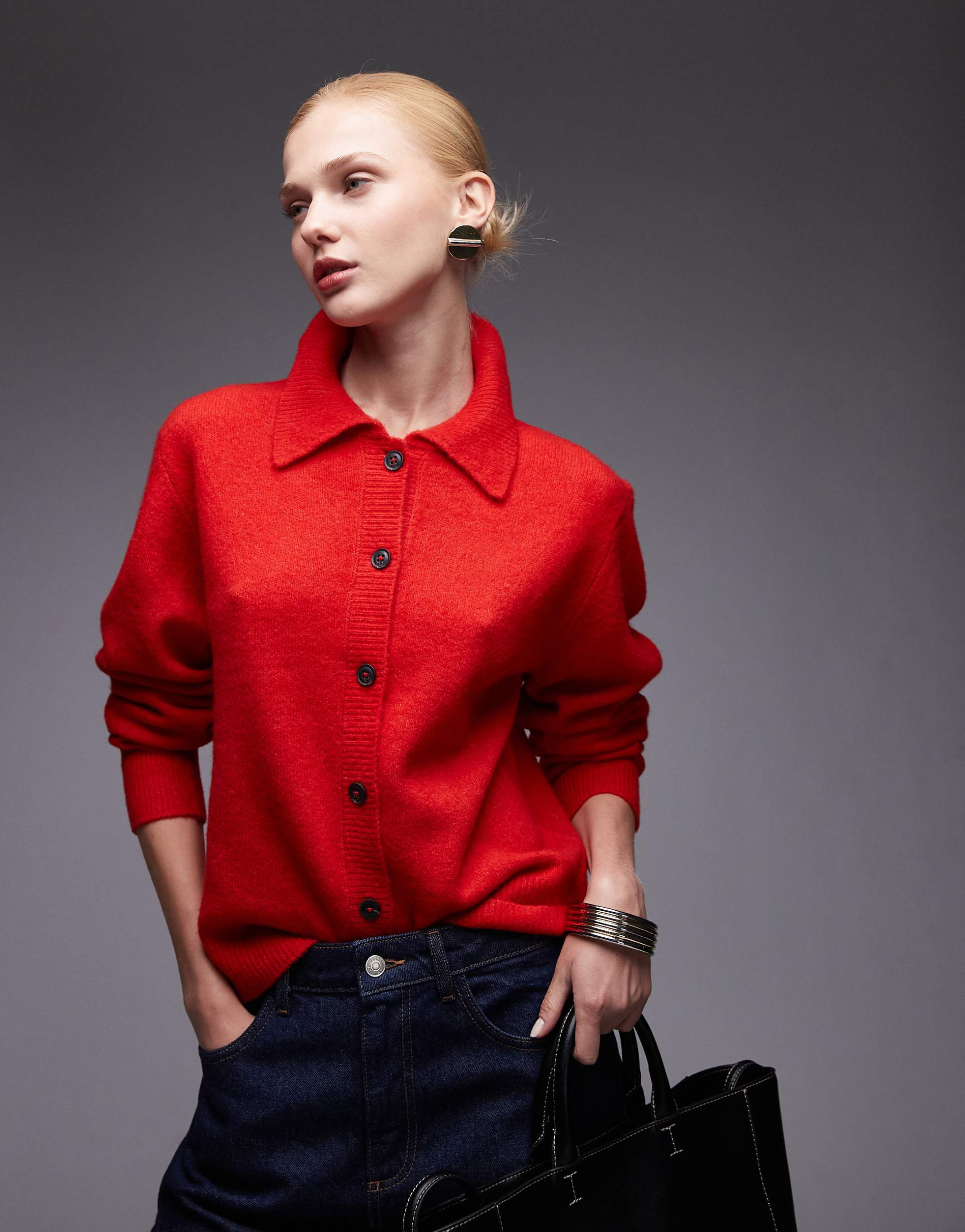 asos design knit collared cardigan in red