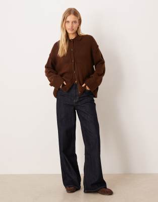 Asos Design Knit Collared Cardigan Shirt With Seam Detailing In Brown