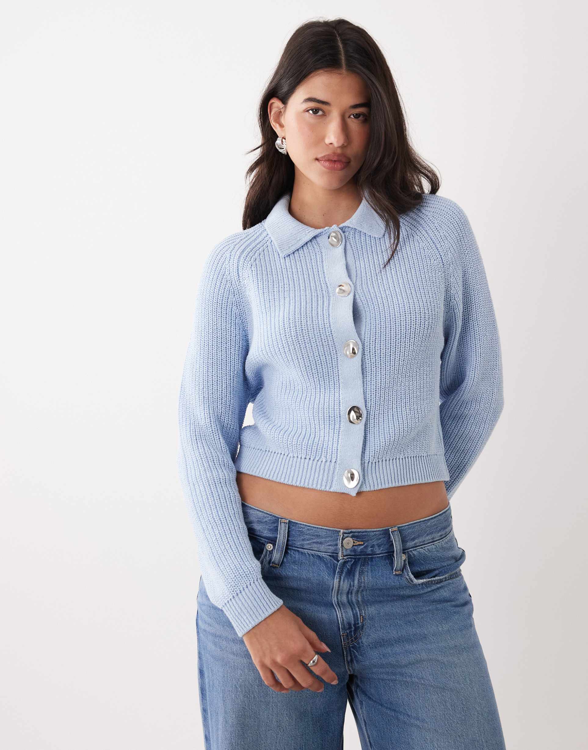 asos design knit collared cardigan with metal buttons in blue