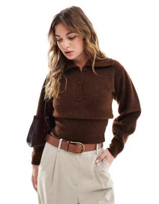 Asos Design Knit Collared Sweater In Chocolate Brown