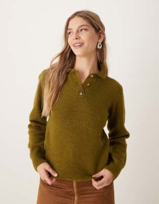 Asos Design Knit Collared Sweater In Olive-green