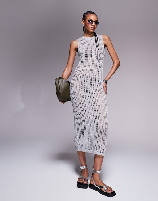 ASOS DESIGN knit column midaxi dress in metallic yarn in silver