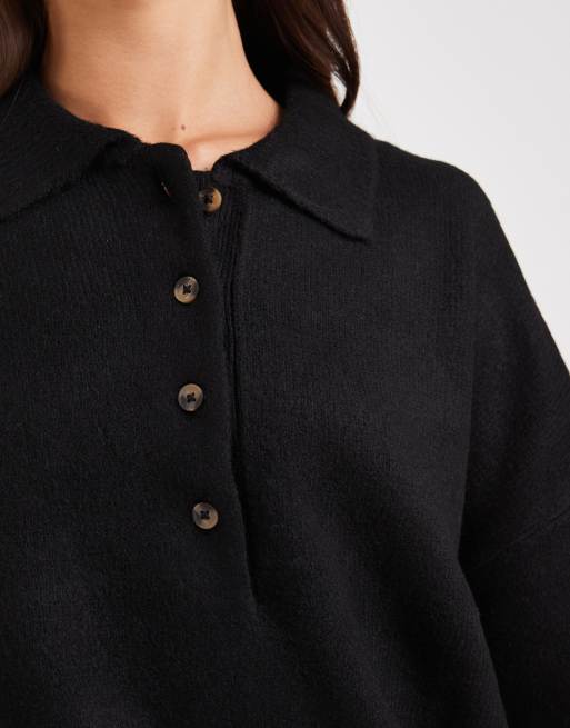ASOS DESIGN knit compact rugby shirt in black