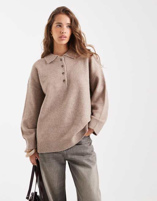 ASOS DESIGN knitted compact polo shirt in mushroom