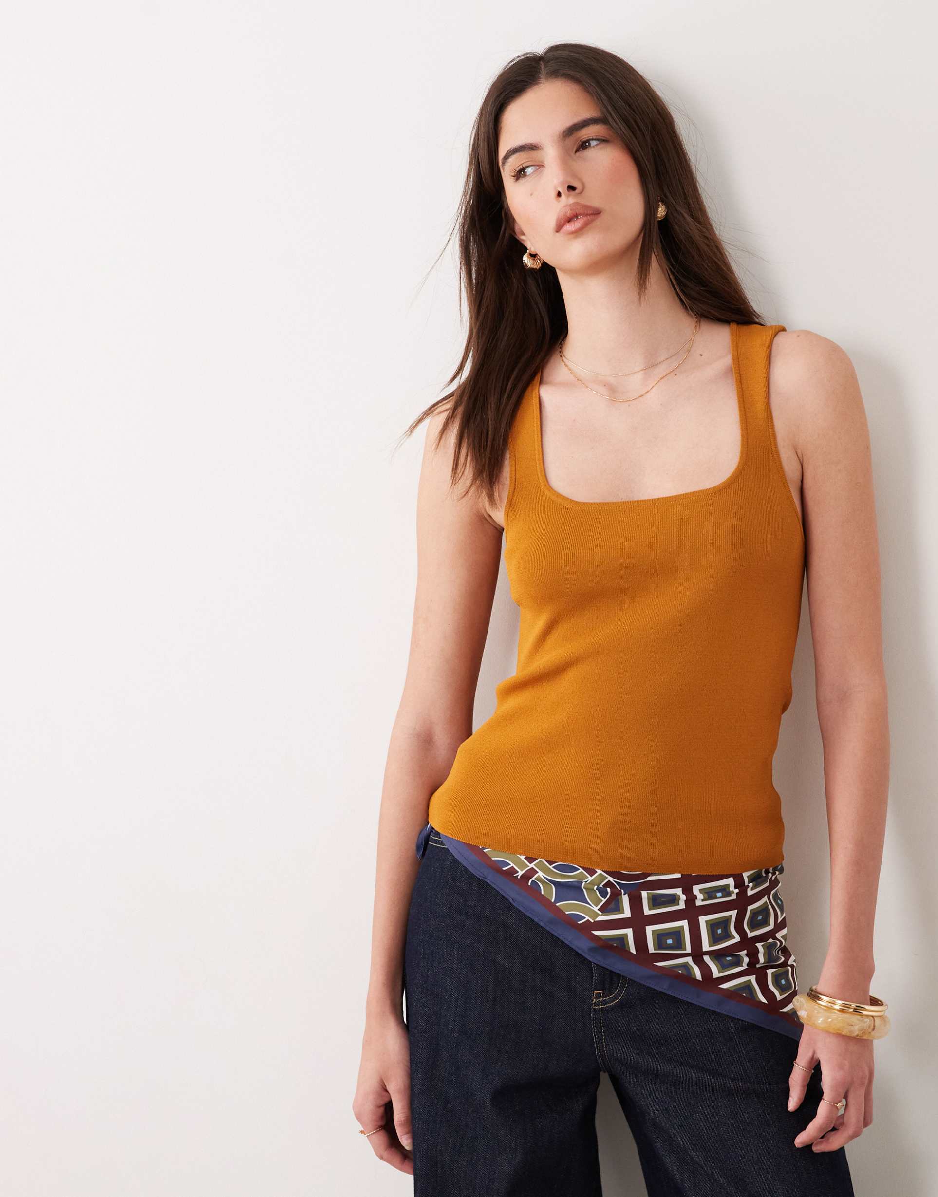 asos design knit compact square neck cami in toffee