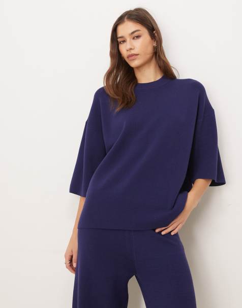 ASOS DESIGN knitted compact structured oversized t shirt co-ord in navy
