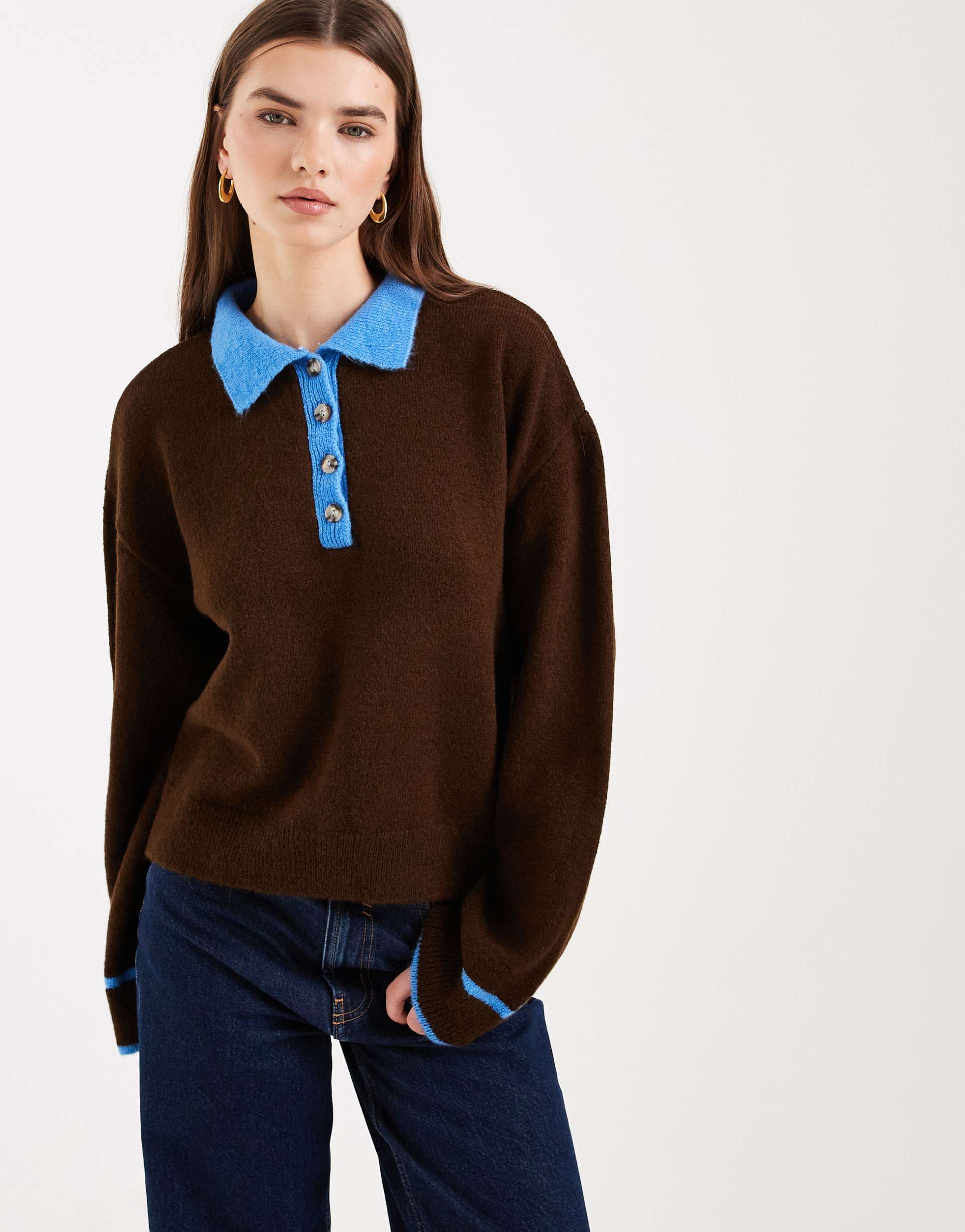 asos design knit contrast collar rugby sweater in brown