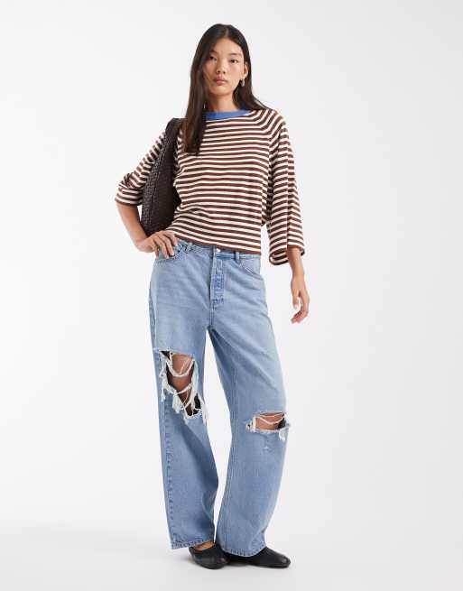 ASOS DESIGN knit contrast sweater in ecru and brown stripe, 2 of 4