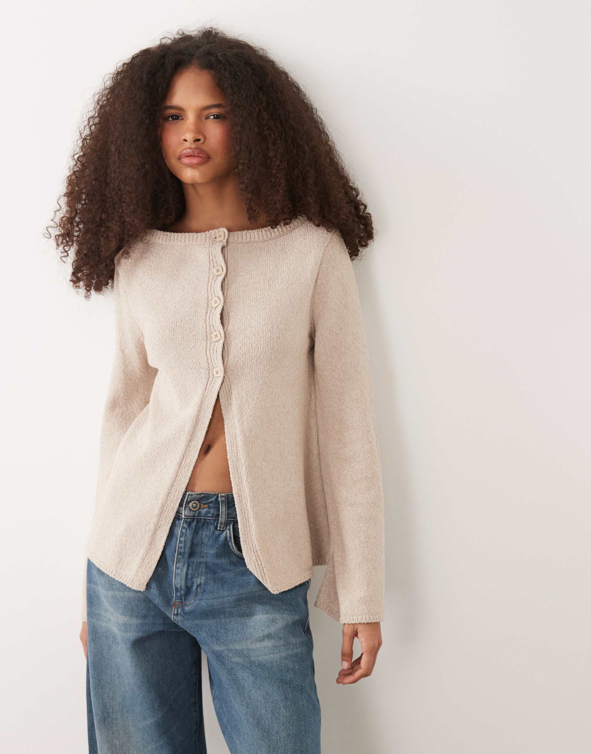 asos design knit cotton blend boucle cardigan in stone