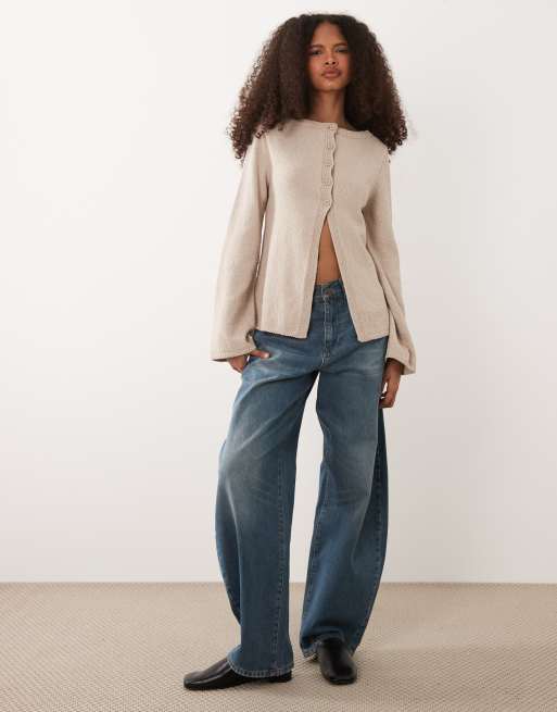 ASOS DESIGN knit cotton blend boucle cardigan in stone | ASOS