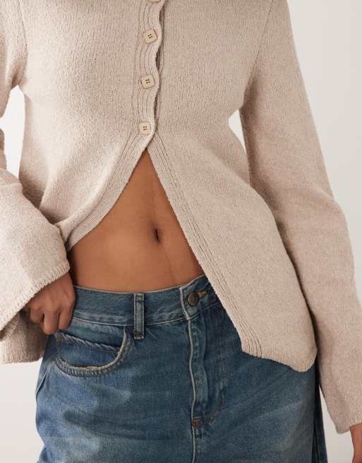 ASOS DESIGN knit cotton blend boucle cardigan in stone | ASOS
