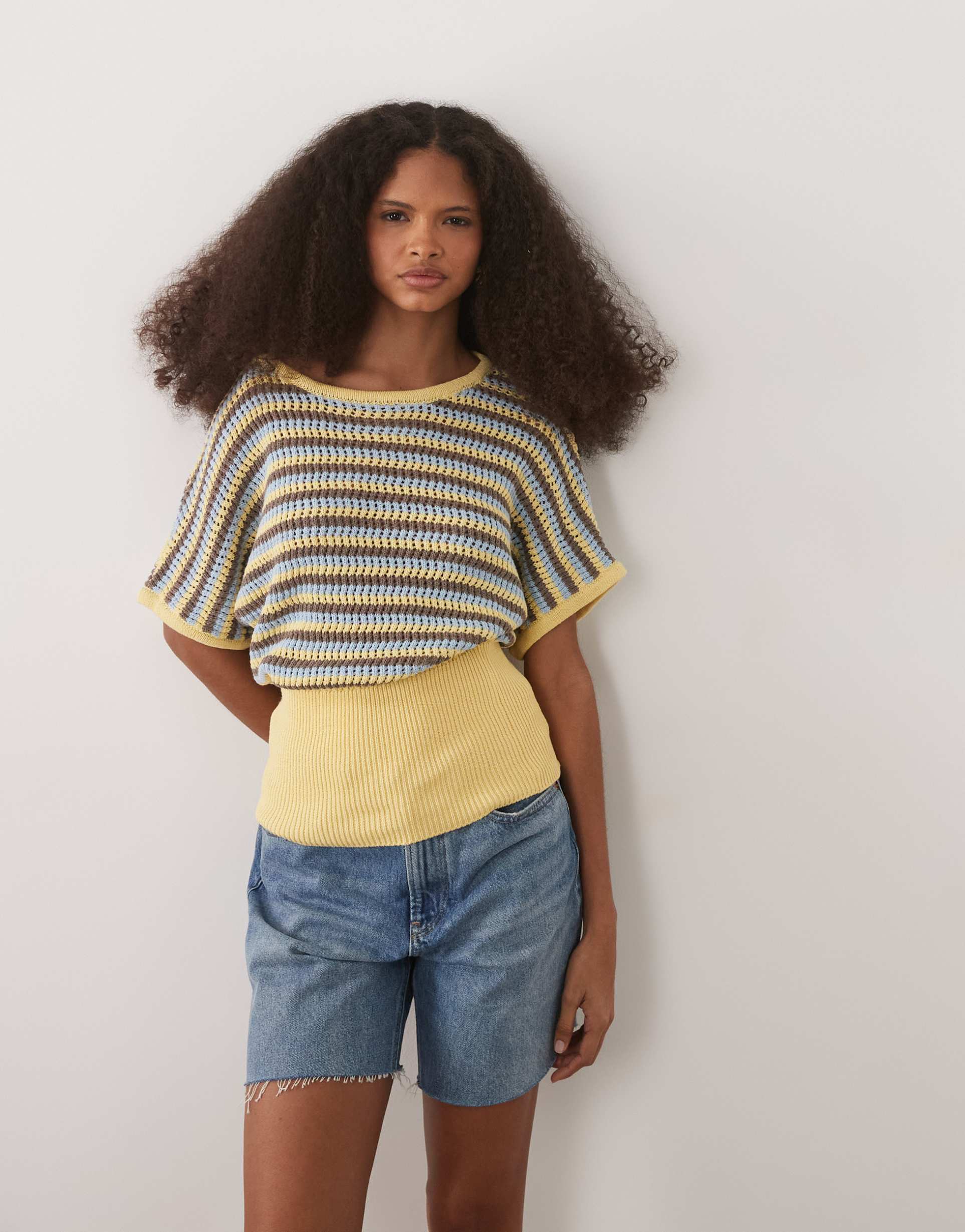 asos design knit cotton blend cinch hem top in striped print