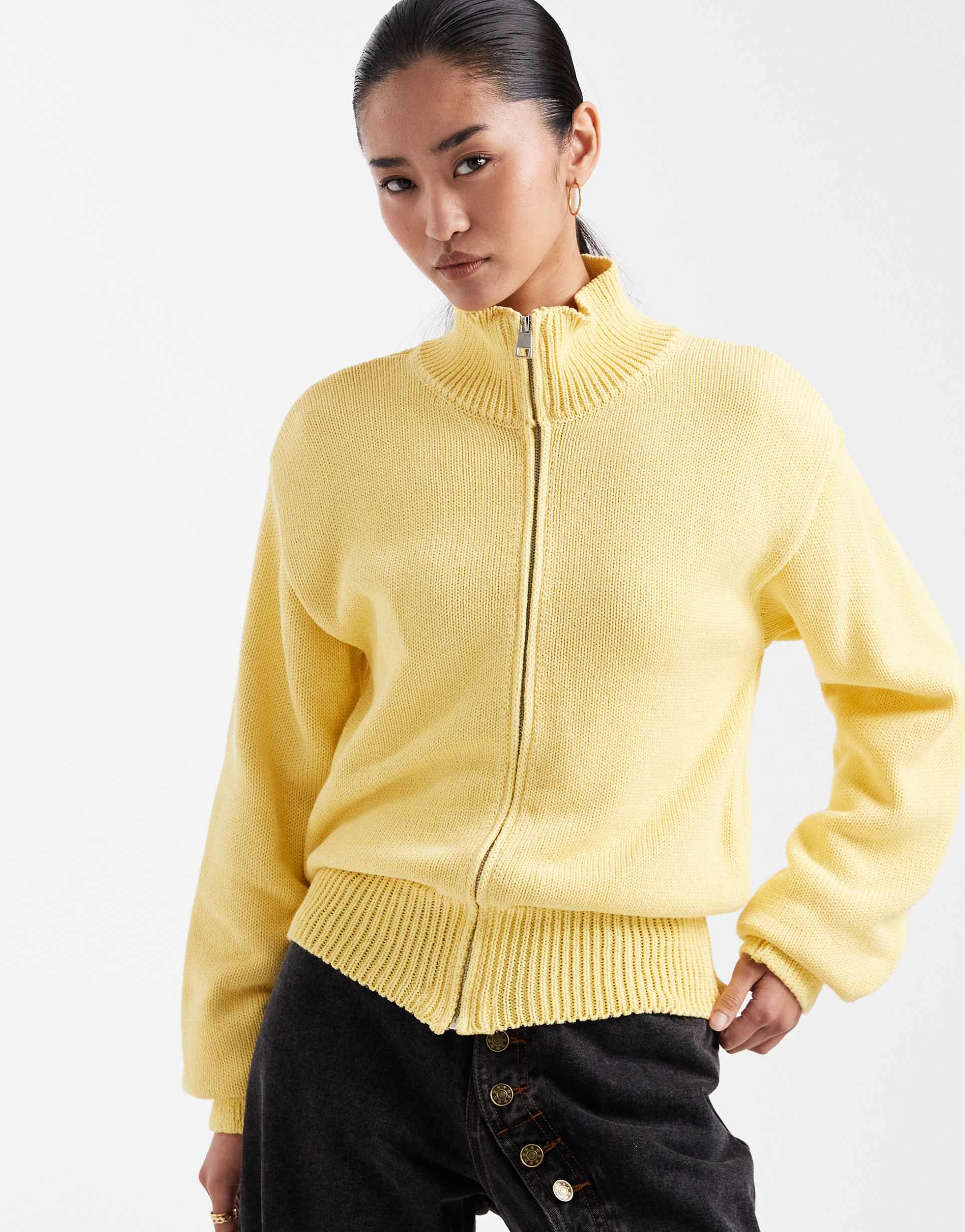 asos design knit cotton blend funnel neck zip up cardigan in buttermilk