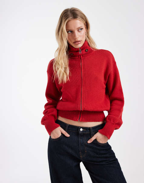 ASOS DESIGN knit cotton blend funnel neck zip up cardigan in red - view 1