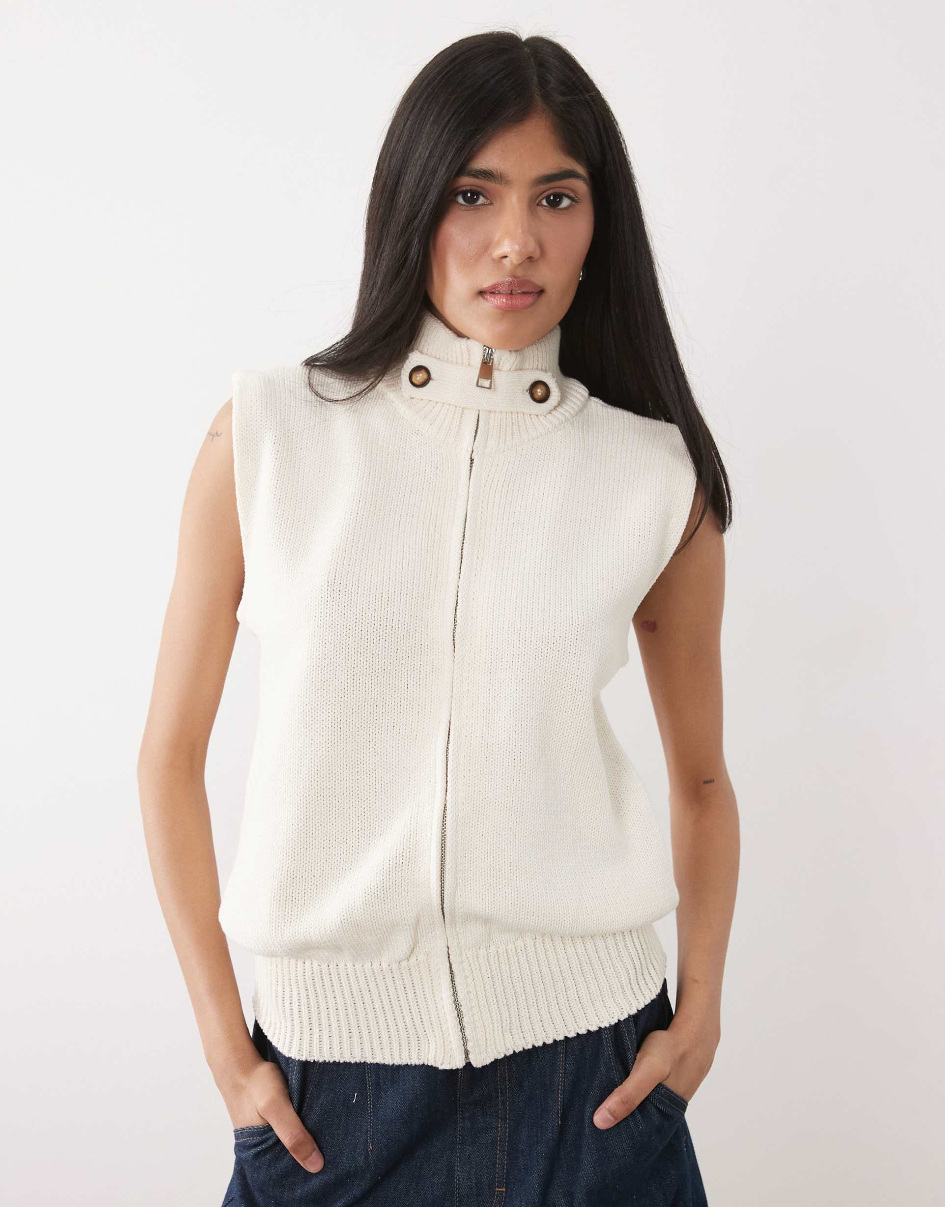 asos design knit cotton blend funnel neck zip up jacket in ecru