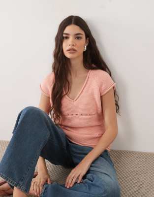 Asos Design Knit Cotton Blend Raglan Tee In Pink