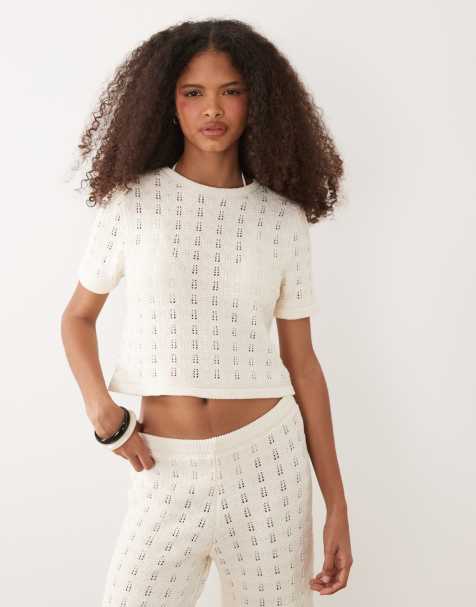 ASOS DESIGN knit cotton blend top set in ecru - view 1