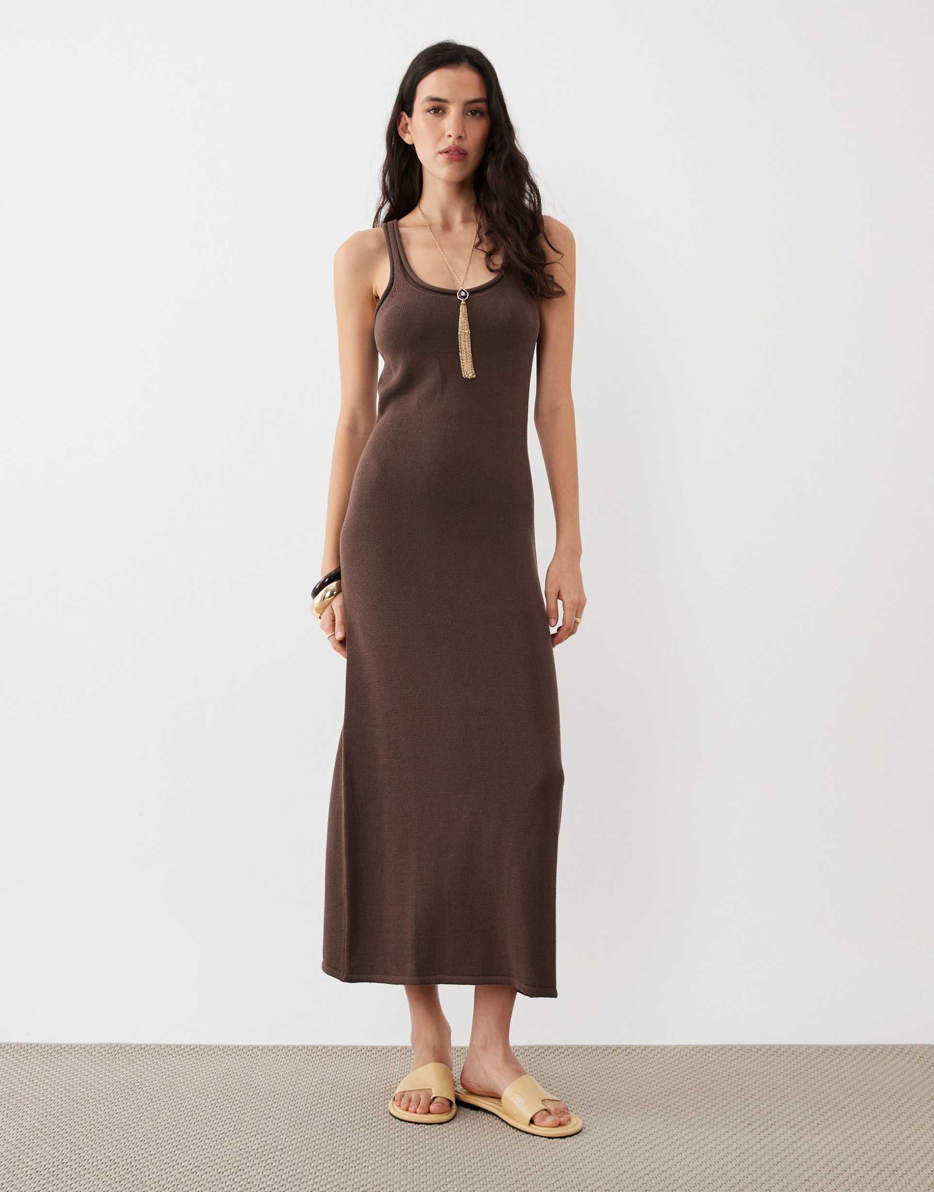 asos design knit cotton blend u-scoop midaxi dress in chocolate