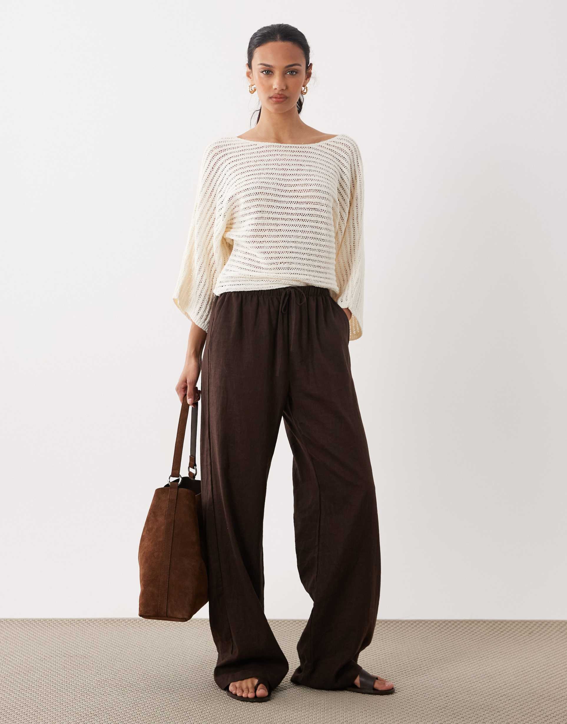asos design knit cotton boucle batwing top in mocha